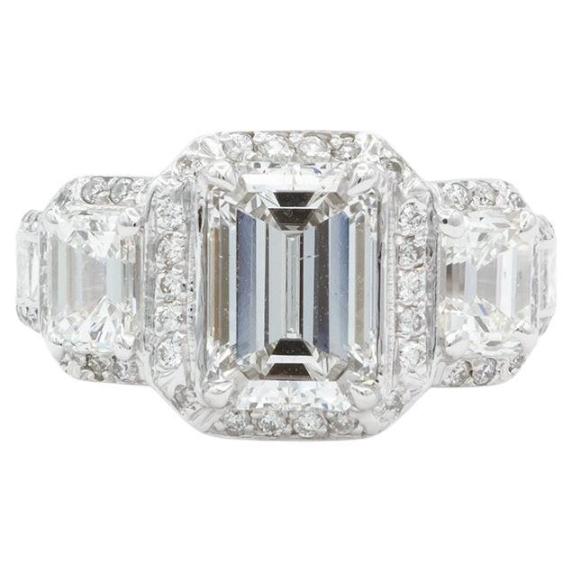 Gia Certified 14K White Gold & Emerald Diamond Three Stone Halo Engagement Ring