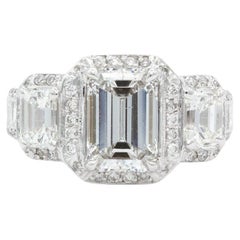 Gia Certified 14K White Gold & Emerald Diamond Three Stone Halo Engagement Ring