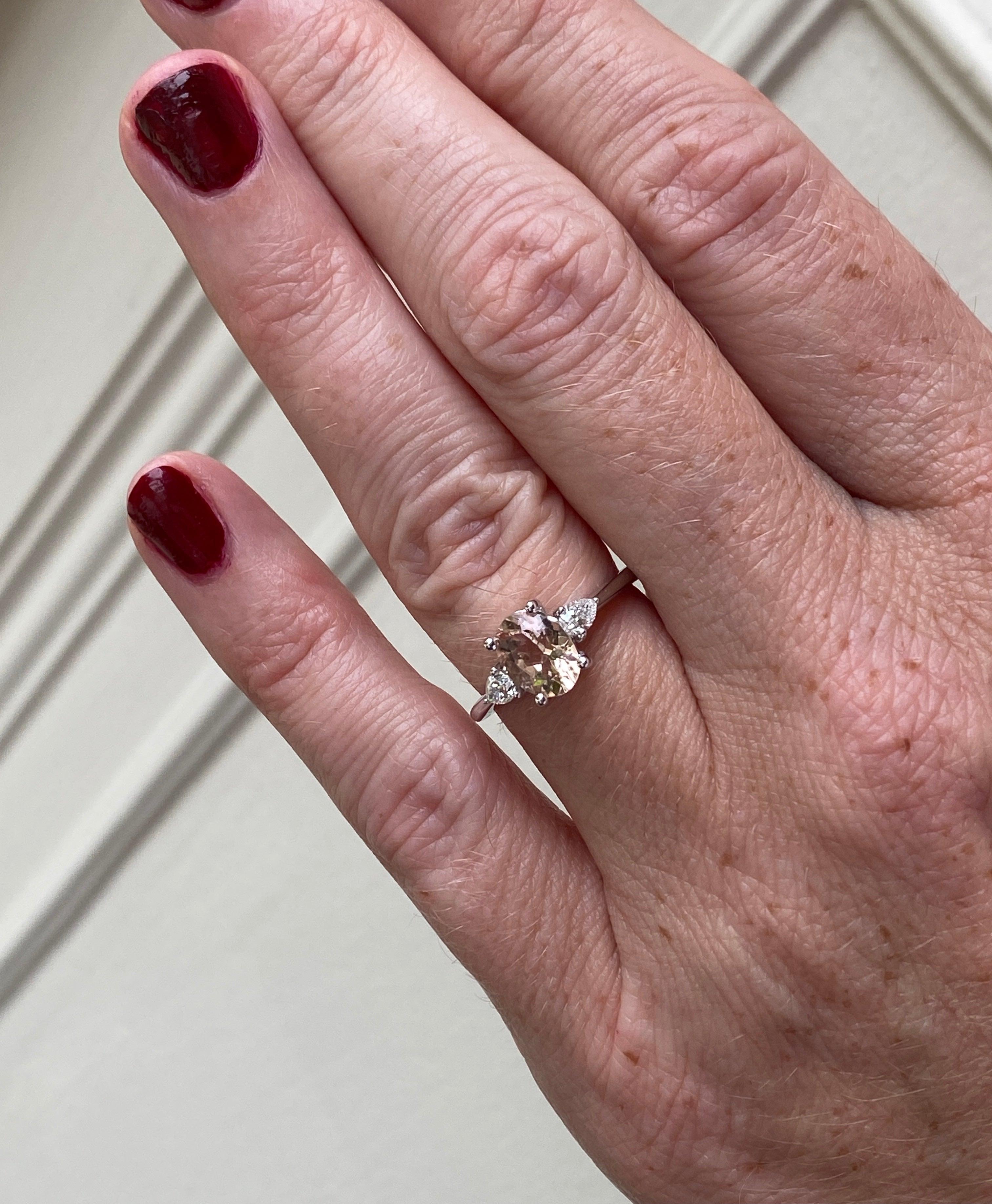 Oval Cut GIA Certified 14KT White Gold Three Stone Morganite Ring For Sale