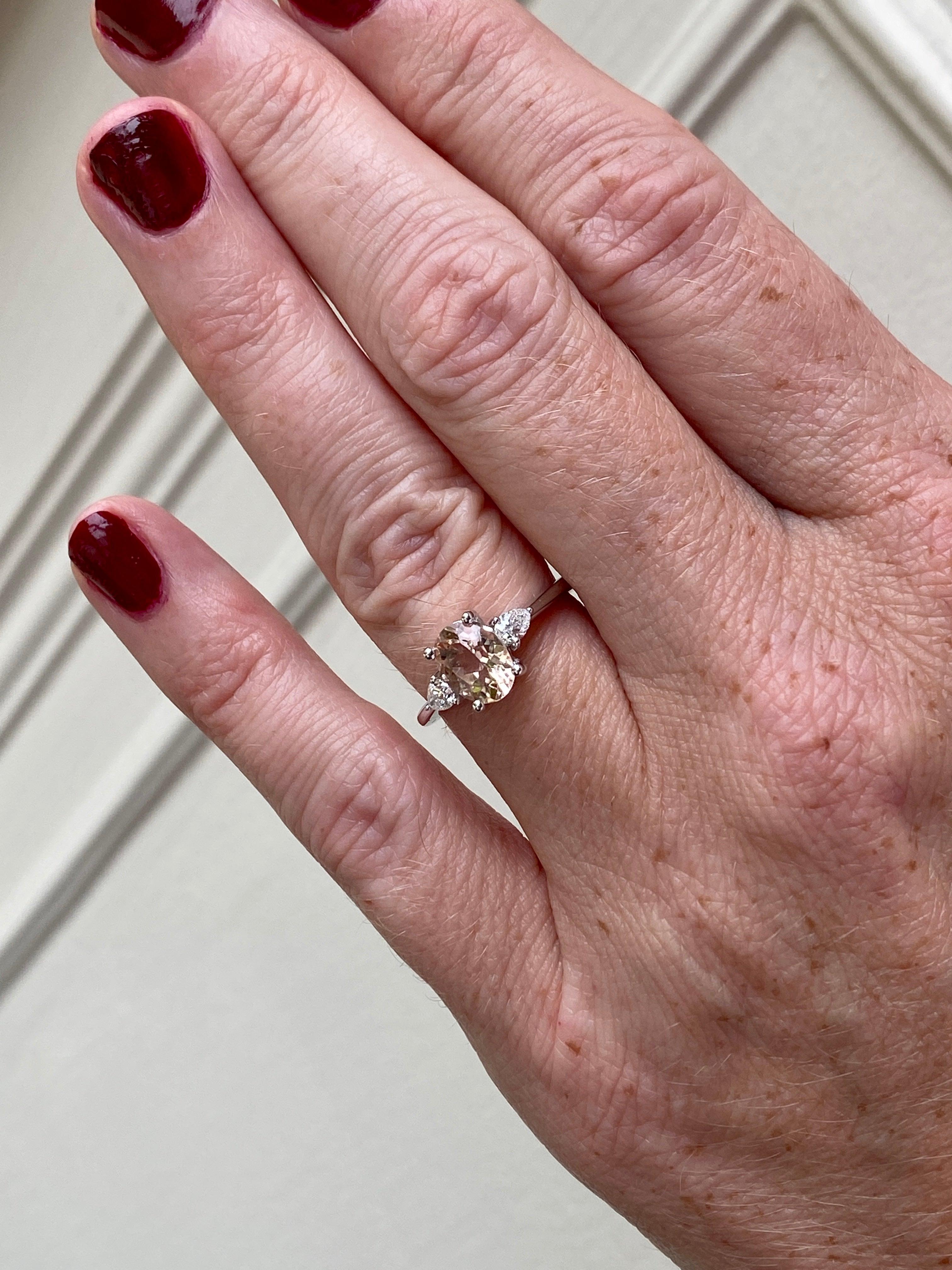 GIA Certified 14KT White Gold Three Stone Morganite Ring In New Condition For Sale In New York City, NY