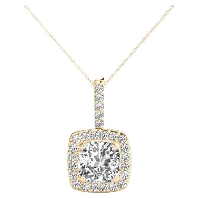 GIA Certified 1.5 Carat Cushion Diamond Halo Yellow Gold Pendant Necklace