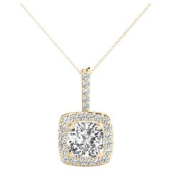 GIA Certified 1.5 Carat Cushion Diamond Halo Yellow Gold Pendant Necklace