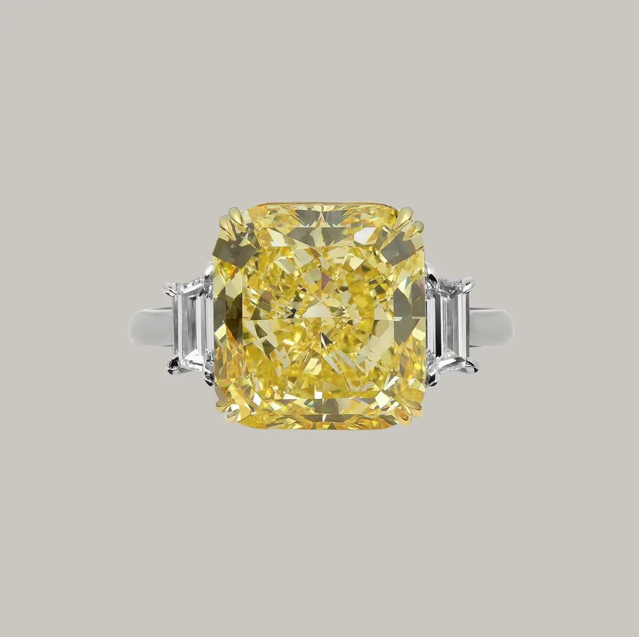 Modern GIA Certified 15 Carat Fancy Intense Yellow Cushion Diamond Ring For Sale