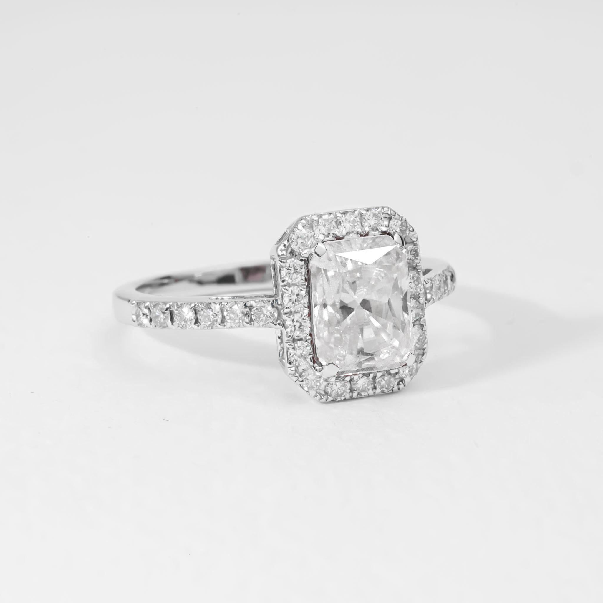 Art Deco GIA Certified 1.5 Carat G VS Radiant Cut Diamond Halo Engagement Ring For Sale