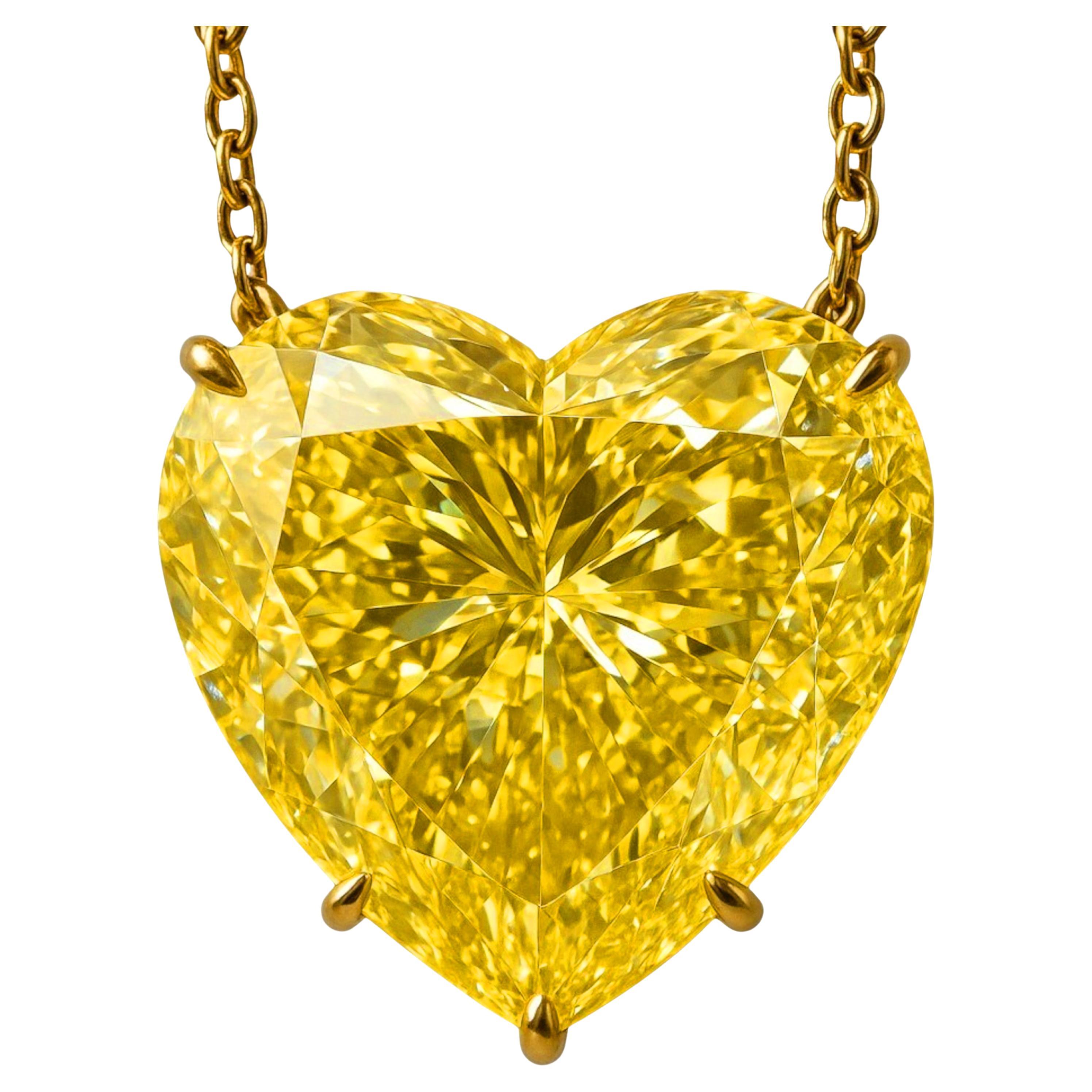 GIA Certified 15 Carat Heart Shape VIVID YELLOW Diamond Pendant Necklace