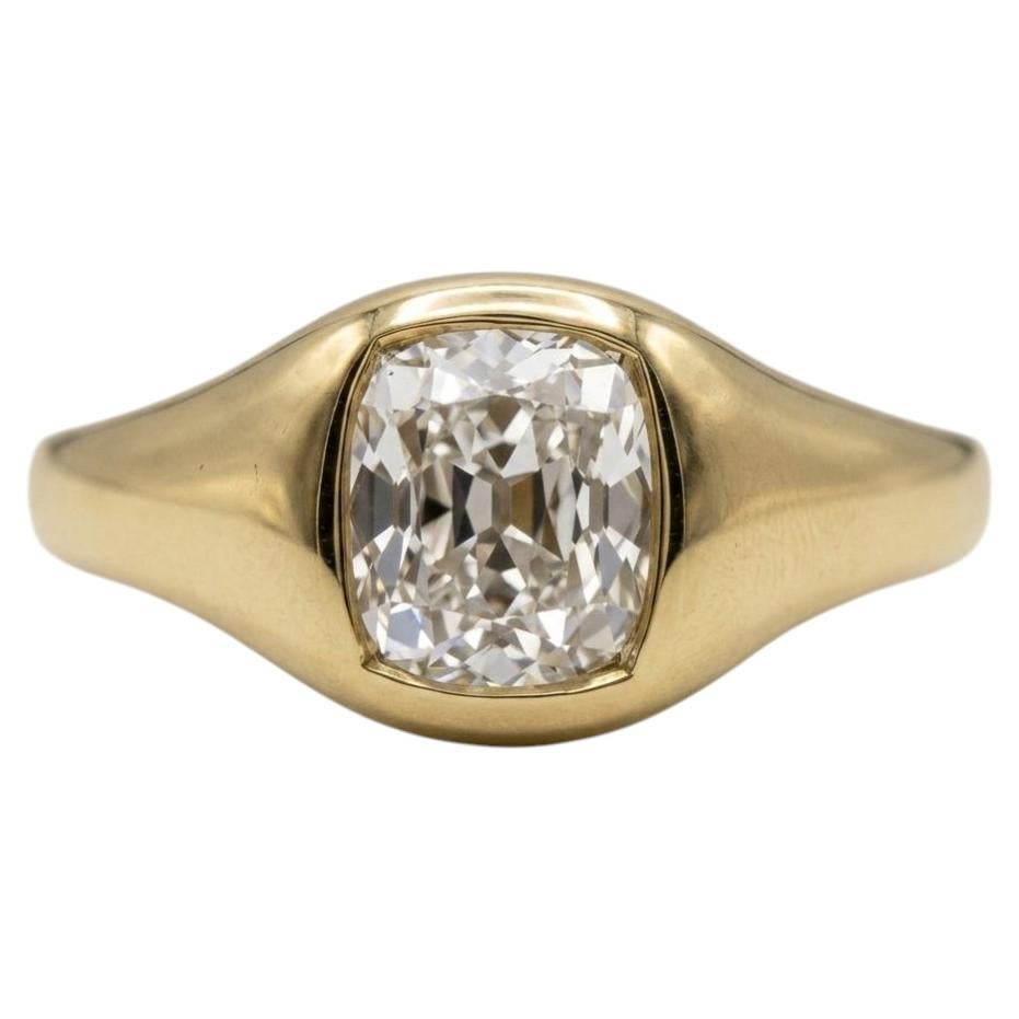 GIA Certified 1.5 Carat Old Mine Cut Diamond Bezel Set Signet Ring
