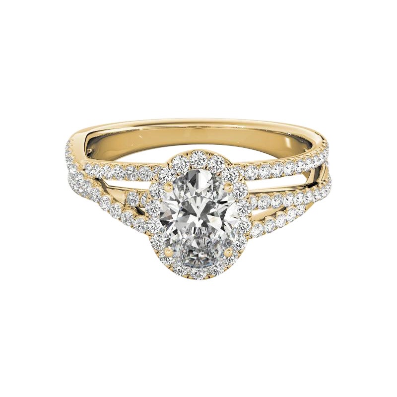 Anello con diamanti in oro giallo certificato GIA da 1.5 carati, con tripla fascia a raggiera ovale e pavé