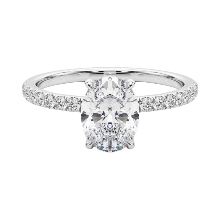 GIA Certified 1,5 Carat Oval Hidden Halo Pave Anello con diamanti in oro bianco 18K
