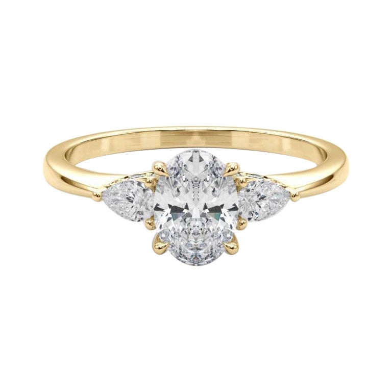 Bague à trois pierres en or jaune 18 carats, certifiée GIA, de 1,5 carat pour les ovales et les poires
