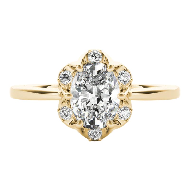 GIA Certified 1,5 Carat Oval Raindrop Tulip Anello con diamanti in oro giallo 18K