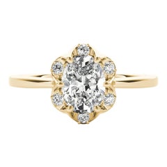 GIA Certified 1,5 Carat Oval Raindrop Tulip Anello con diamanti in oro giallo 18K