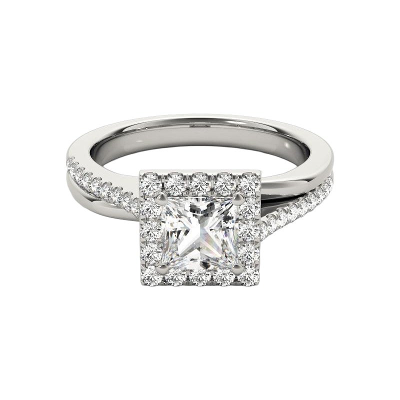 GIA Certified 1,5 Carat Princess Square Halo Modern Platinum Diamond Ring