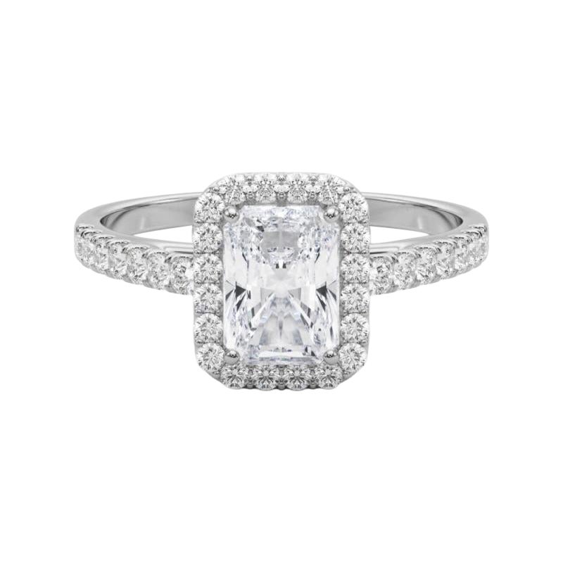 GIA Certified 1,5 Carat Radiant Halo Pave Anello con diamanti in oro bianco 18K