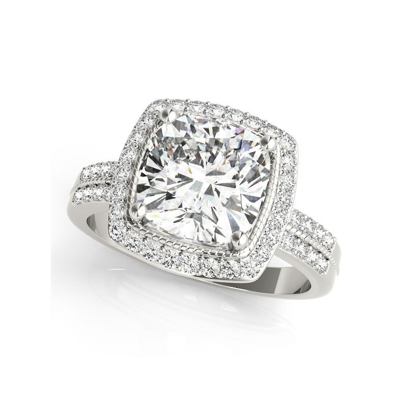 Taglio cuscino Anello con diamante aureolato quadrato rialzato da 1,5 carati in oro bianco certificato GIA in vendita