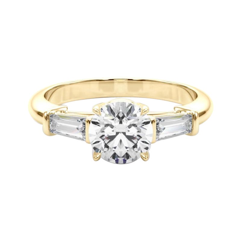 GIA Certified 1.5 Carat Round & Baguette Classic 3-Stone Diamond Ring