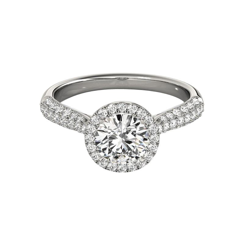 Bague à diamant cathédrale certifiée GIA de 1,5 carat à halo rond et panier