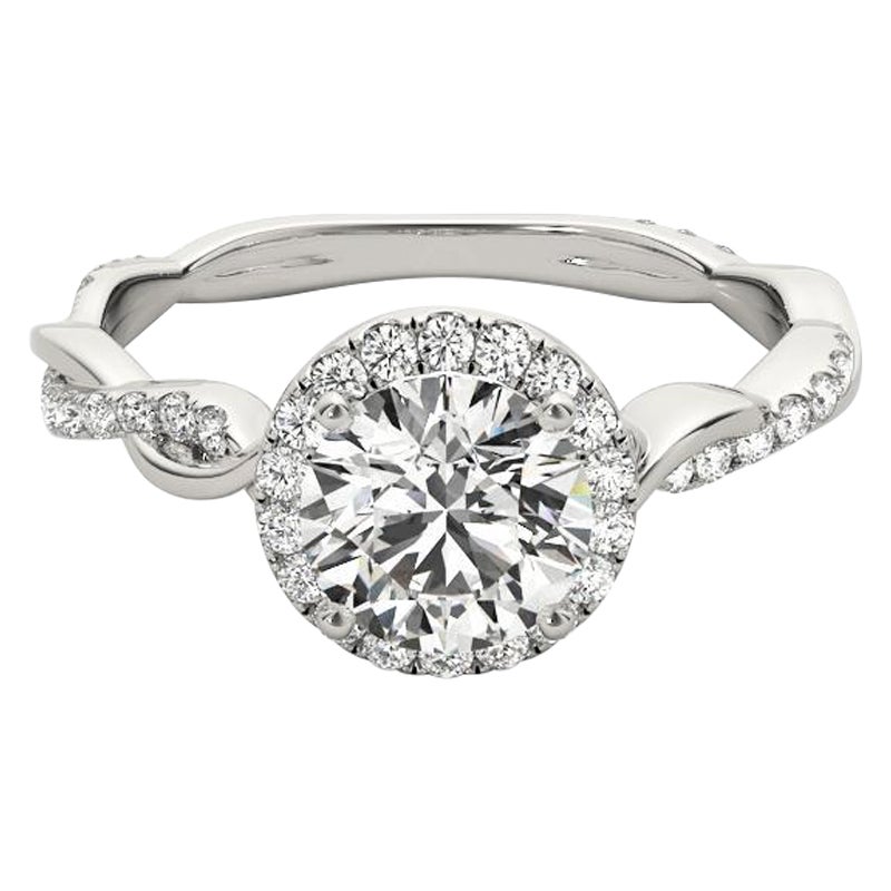 Bague en or blanc 18 carats certifiée GIA 1,5 carat Round Halo Entwined Vine