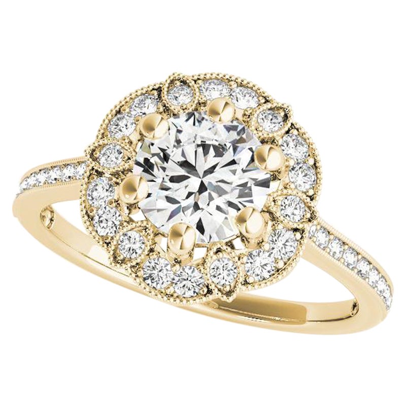 Bague en or jaune 18 carats certifiée GIA, 1,5 carat Round Halo Flower Bloom