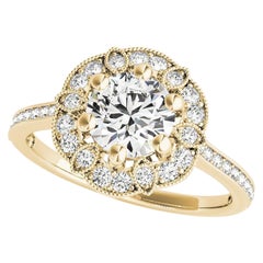 Bague en or jaune 18 carats certifiée GIA, 1,5 carat Round Halo Flower Bloom