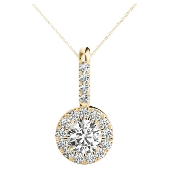 GIA Certified 1.5 Carat Round Luna Halo Yellow Gold Pendant Necklace
