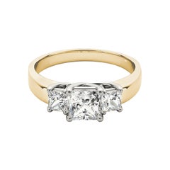 Bague à trois pierres en or jaune 18 carats, certifiée GIA, diamant princesse de 1,5 carat
