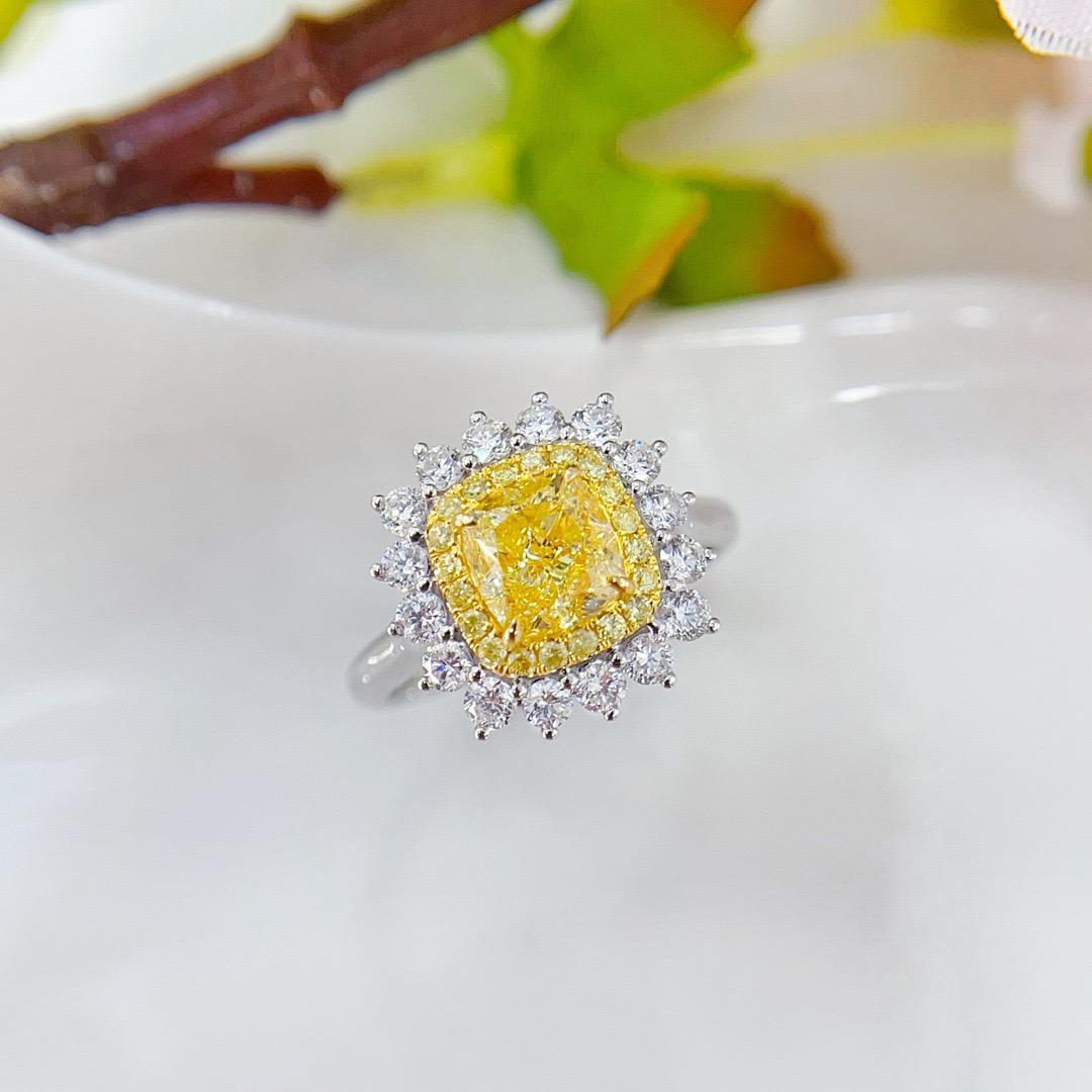 Cushion Cut GIA Certified 1.5 CT Fancy Yellow Diamond 18K Gold Ring with Diamonds For Sale