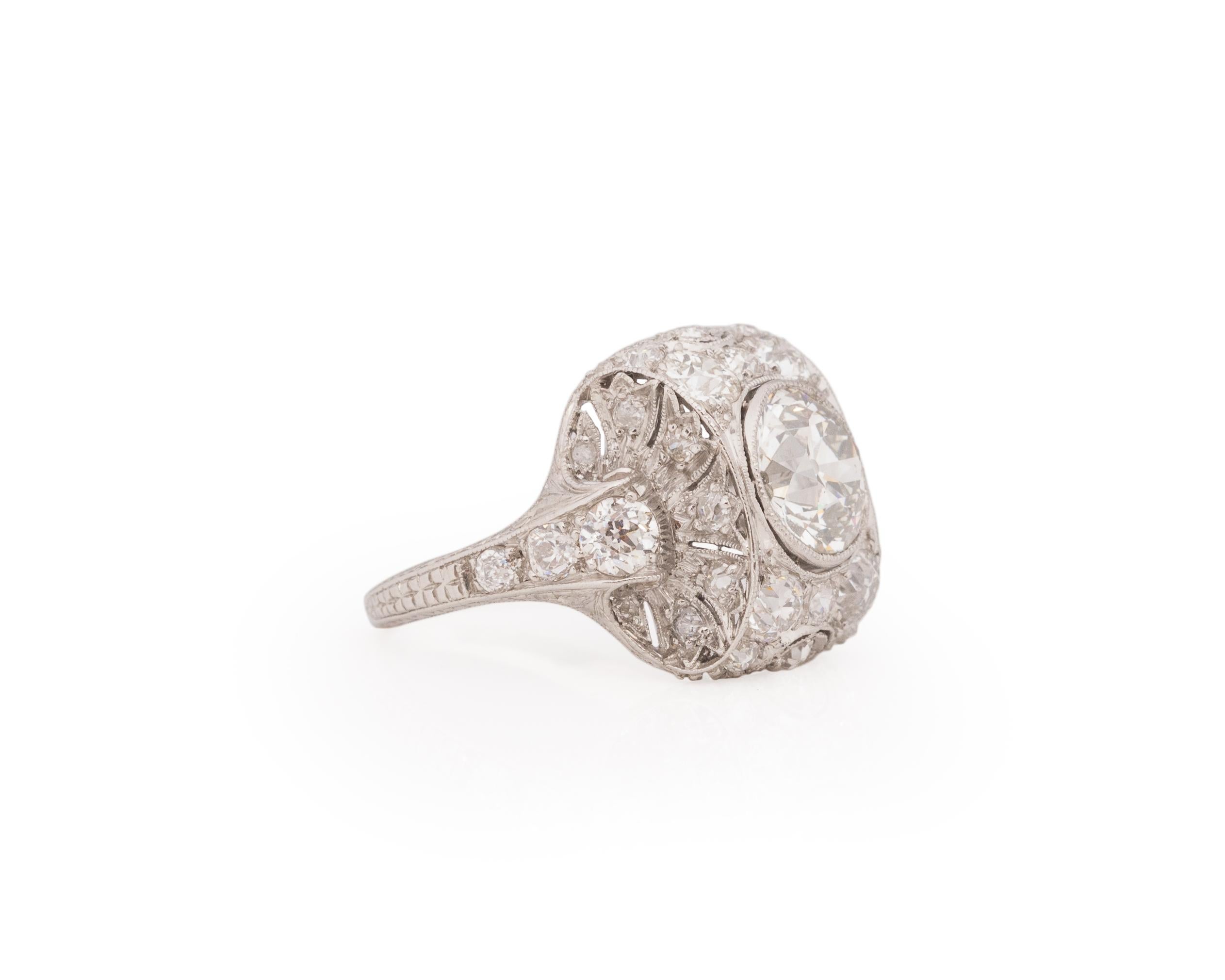 Ring Size: 5
Metal Type: Platinum [Hallmarked, and Tested]
Weight: 5.8 grams

Diamond Details:
GIA REPORT #: 1236013987
Weight: 1.50ct
Cut: Old European brilliant
Color: L
Clarity: SI2
Measurements: 7.29mm x 7.52mm x 4.42mm

Finger to Top of Stone