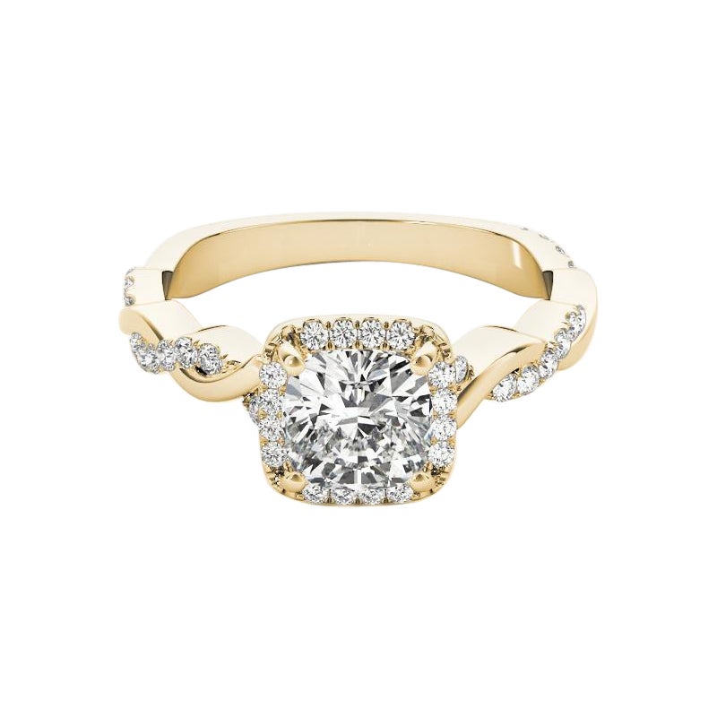 Anillo de diamantes con halo de cojín cuadrado y banda trenzada de 1,50 quilates con certificación GIA