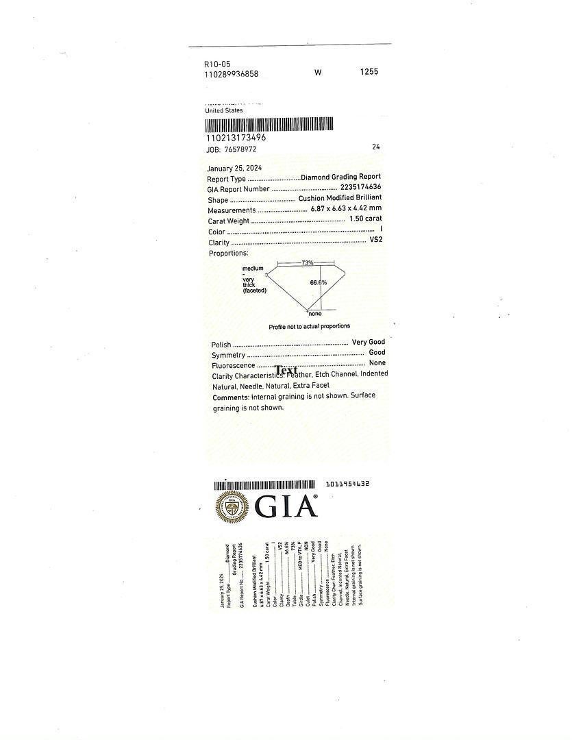 GIA Certified 1.50 Carat Cushion Cut Diamond White Gold Ring For Sale 3