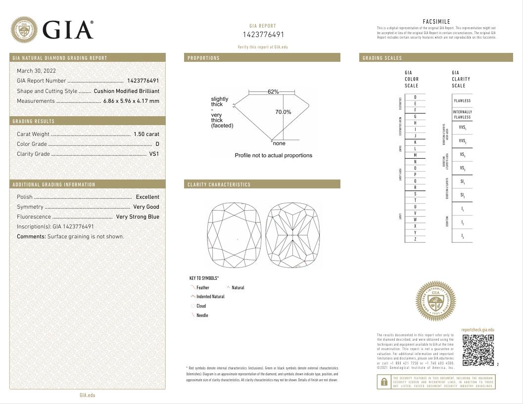 GIA Certified 1.50 Carat D Colour VS1 Clarity Diamond For Sale 1