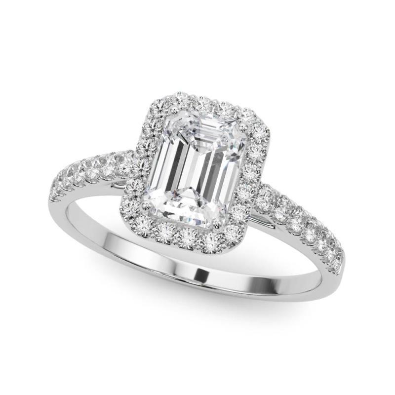 Emerald Cut GIA Certified 1.50 Carat Emerald Halo Pave 18K White Gold Diamond Ring For Sale