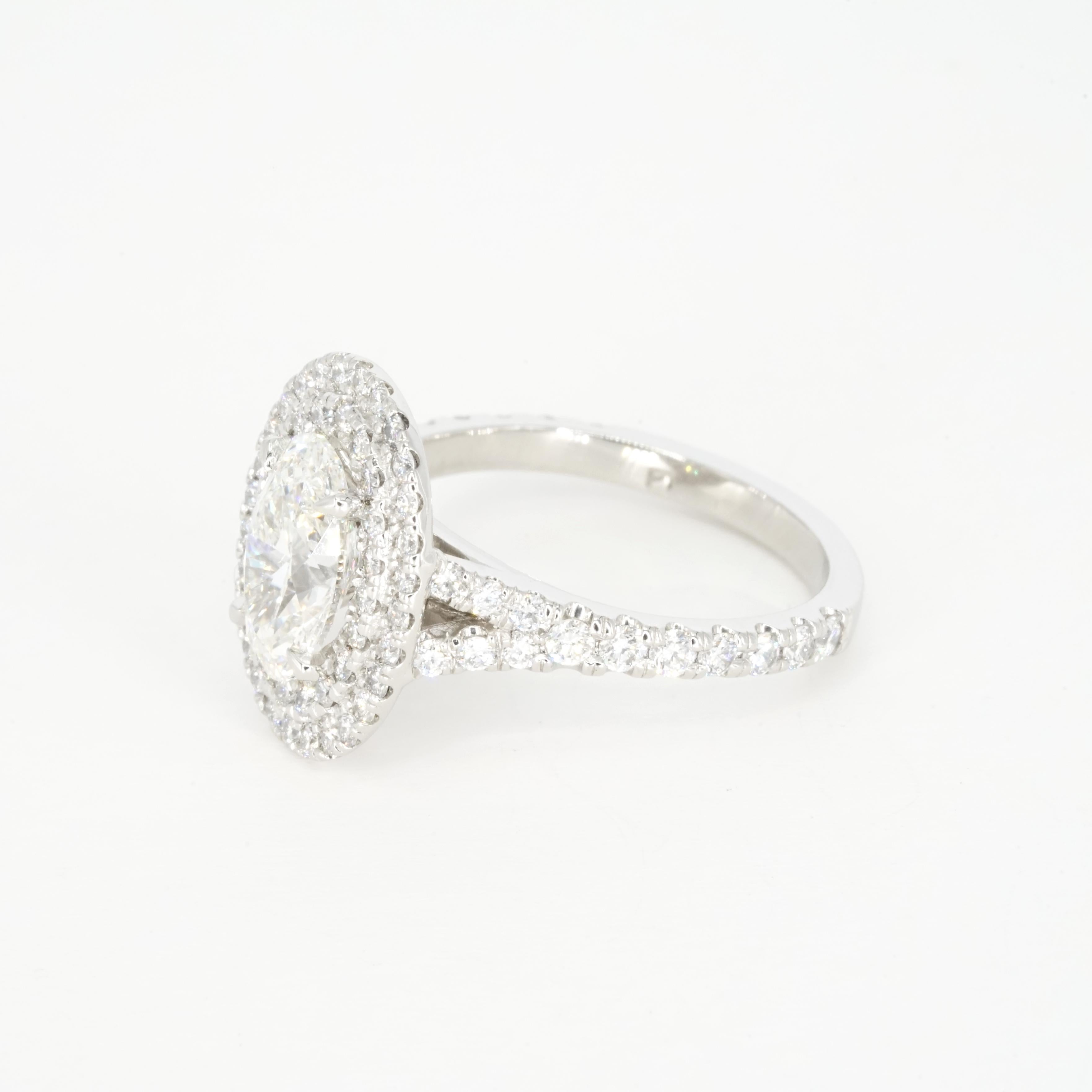 Women's or Men's GIA Certified 1.50 Carat F VS1 Oval Diamond Double Halo Engagement Gold Ring For Sale