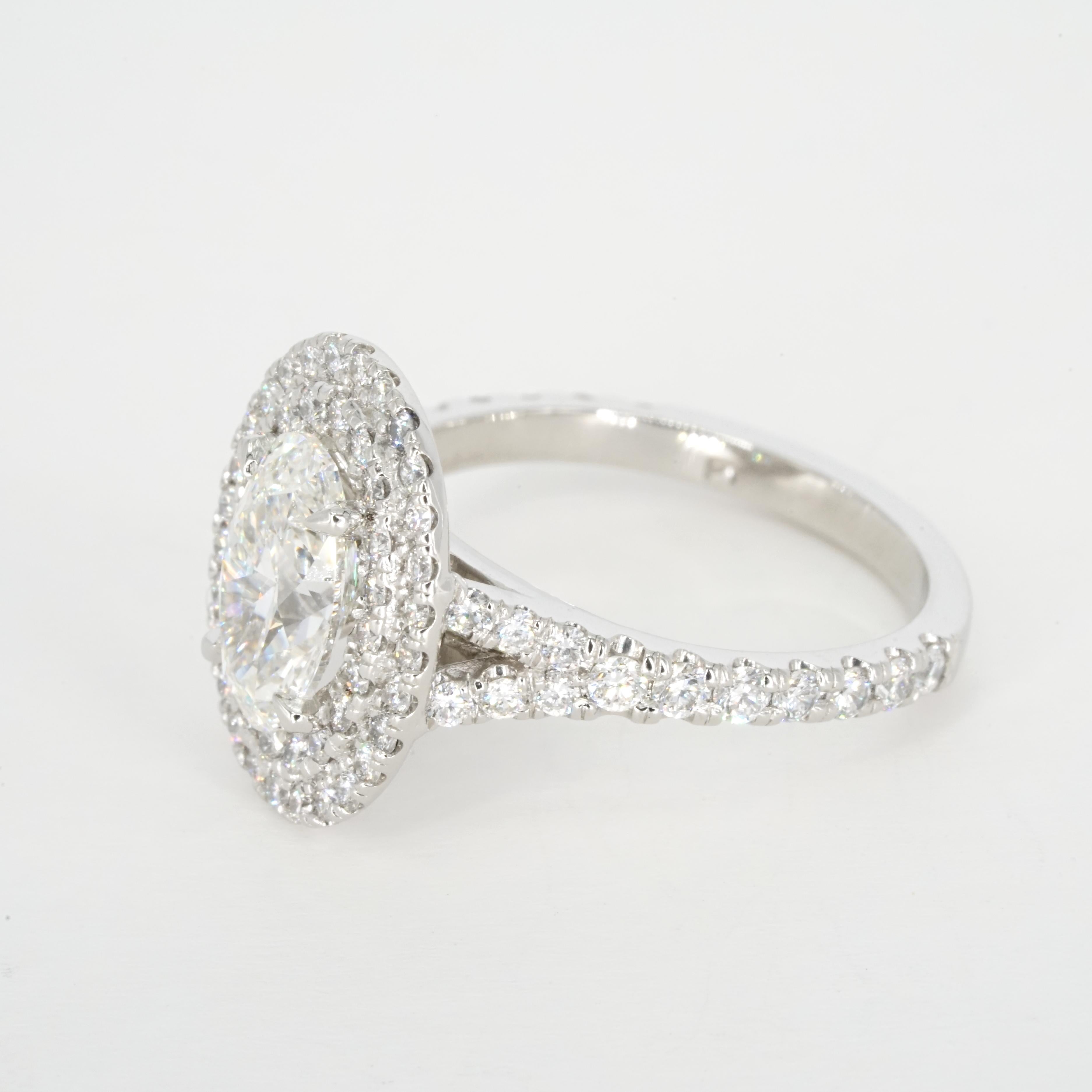 GIA Certified 1.50 Carat F VS1 Oval Diamond Double Halo Engagement Gold Ring For Sale 1