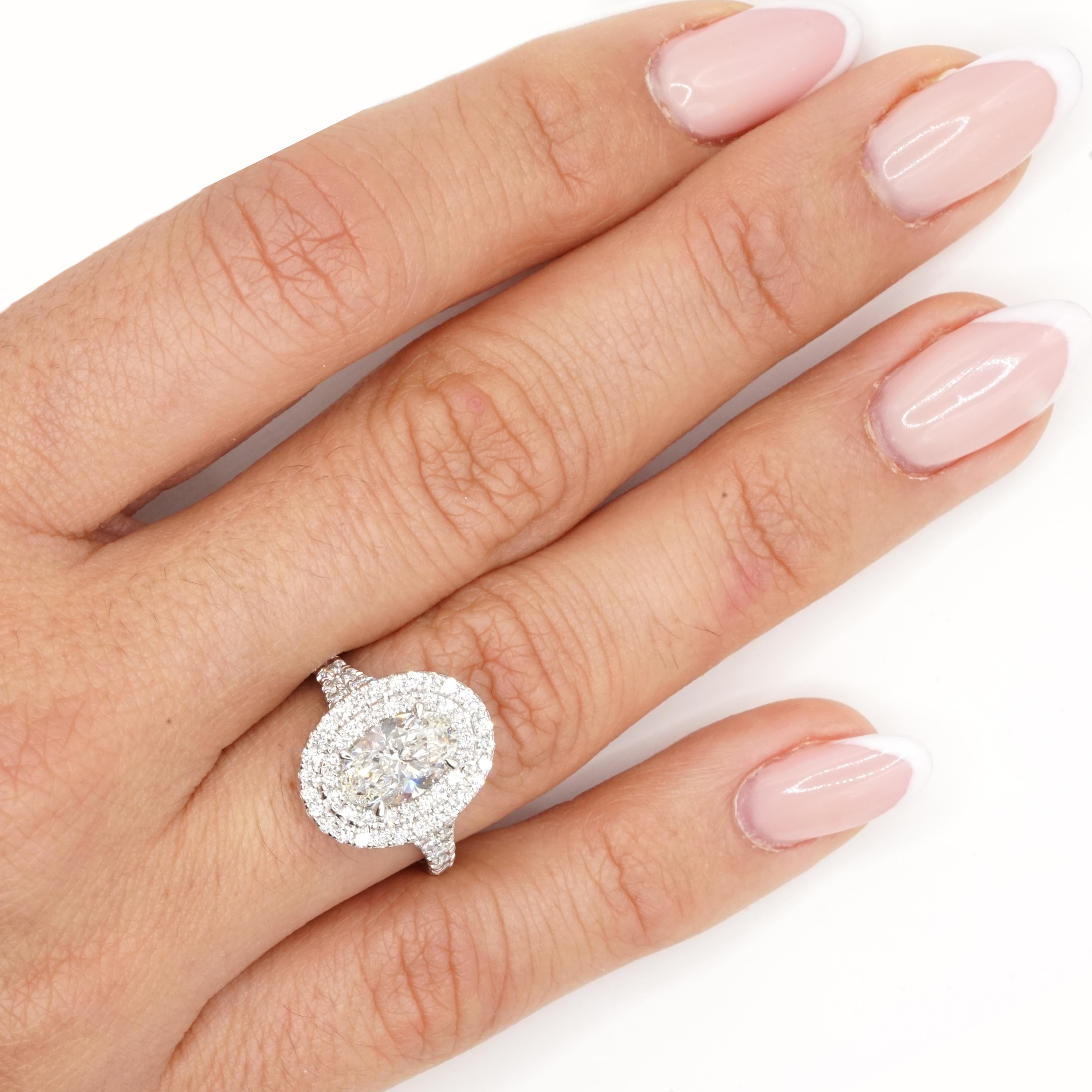 GIA Certified 1.50 Carat F VS1 Oval Diamond Double Halo Engagement Gold Ring For Sale 2