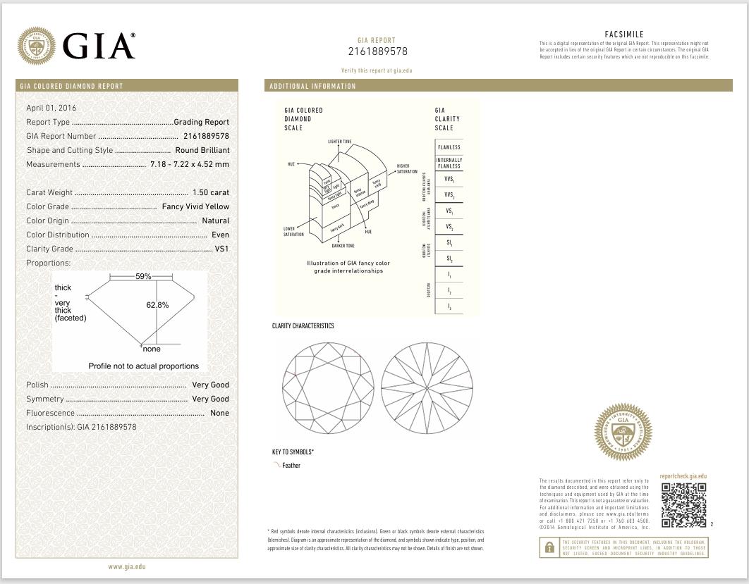GIA Certified 1.50 Carat Fancy Vivid Yellow VS1 Clarity Diamond For Sale 1