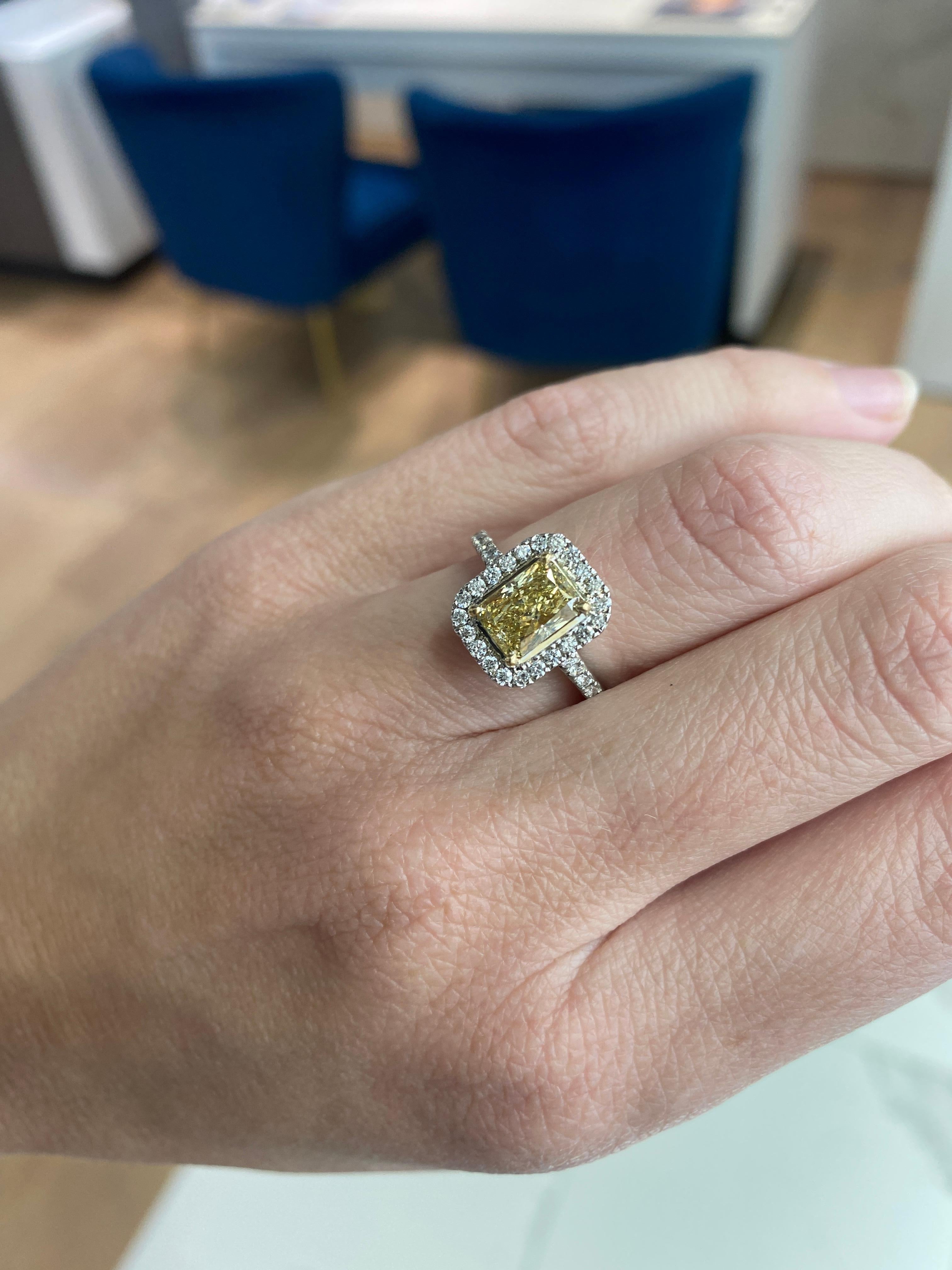 GIA Certified 1.50 Carat Fancy Yellow Radiant Diamond Engagement Ring  For Sale 2