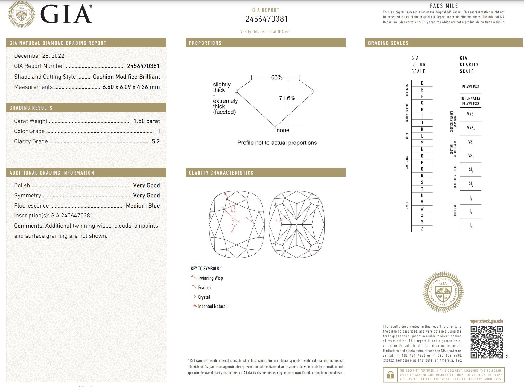 Gia Certified 1.50 Carat I Si2 Cushion Brilliant Diamond In New Condition For Sale In New York, NY
