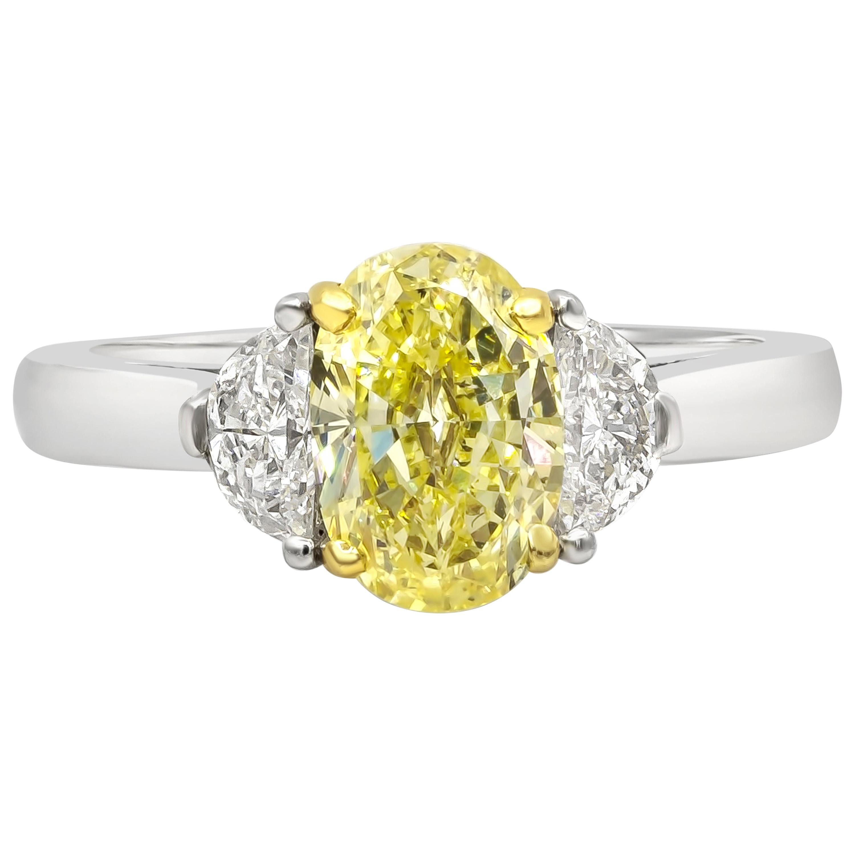 GIA Certified 1.50 Carat Intense Yellow Oval Diamond Three-Stone Engagement Ring