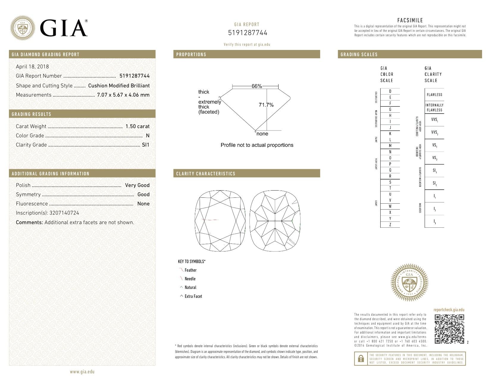 GIA Certified 1.50 Carat N SI1 Cushion Cut Diamond Solitaire Engagement Ring 6