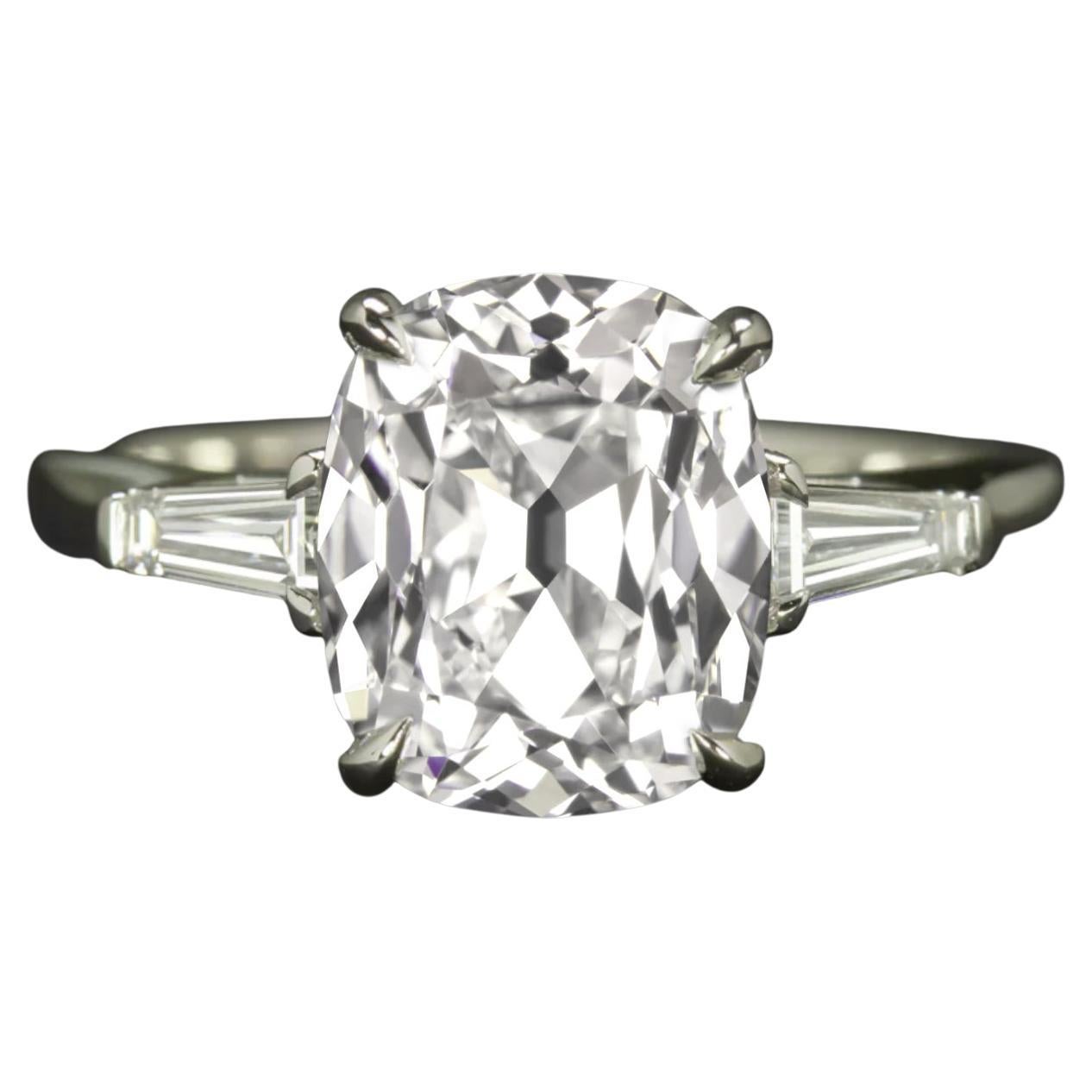 GIA Certified 1.71 Carat Old Mine Cut Diamond Ring with Tapered Baguettes For Sale