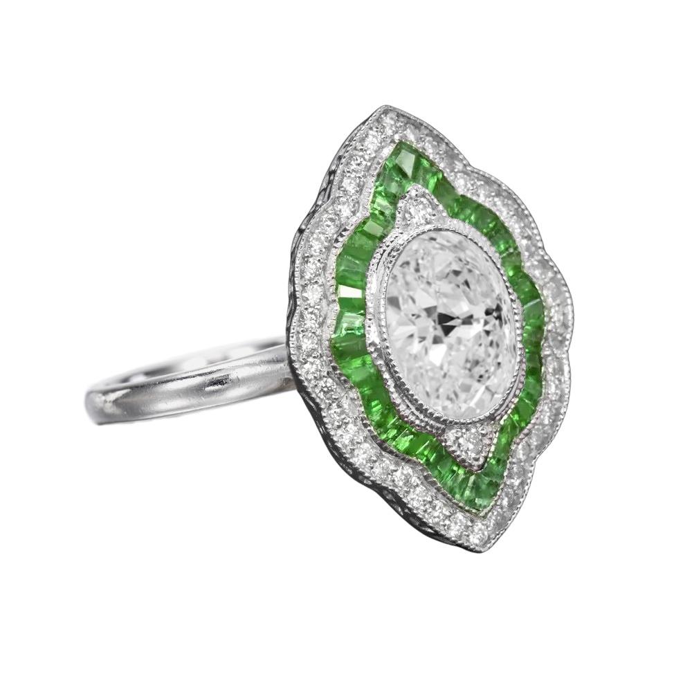 Oval Cut GIA Certified 1.50 Carat Oval Diamond Green Emeralds Cocktail Ring