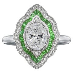GIA Certified 1.50 Carat Oval Diamond Green Emeralds Cocktail Ring