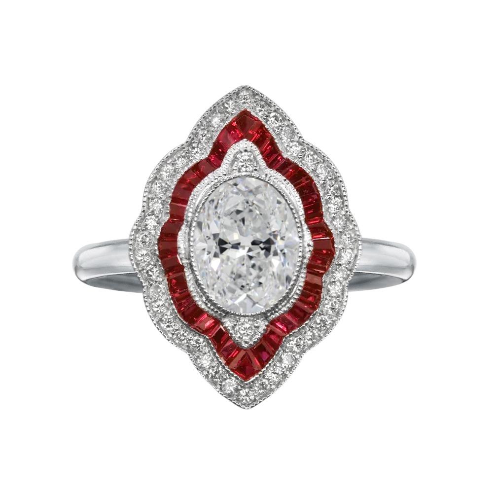 Art Deco GIA Certified 1.50 Carat Oval Diamond Red Rubies Cocktail Ring