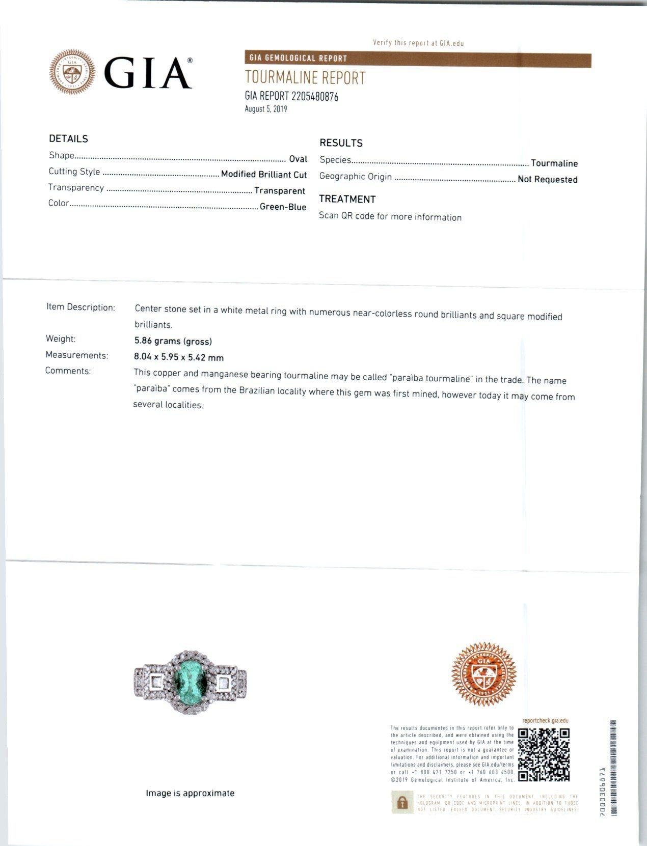 GIA Certified 1.50 Carat Paraiba Tourmaline Diamond White Gold Engagement Ring 3