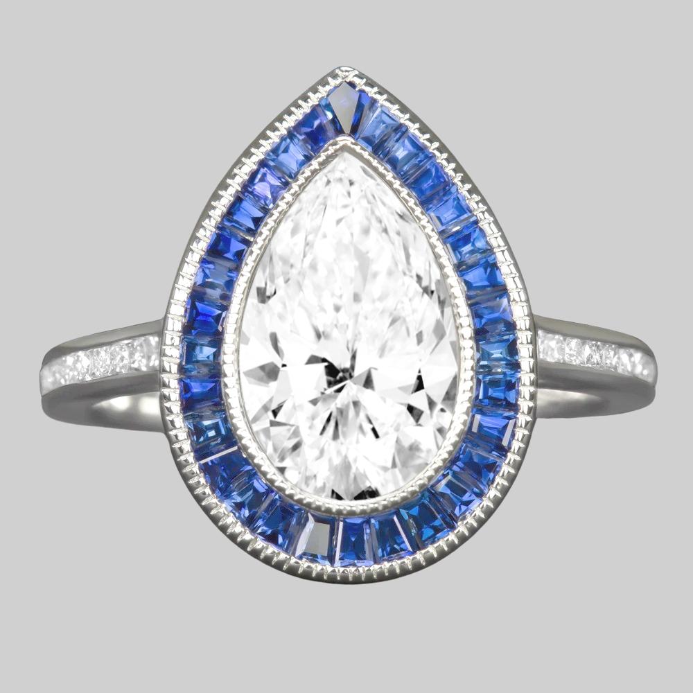 GIA-zertifizierter 1,50 Karat Blauer Saphir Halo-Ring mit Diamant im Birnenschliff (Moderne)