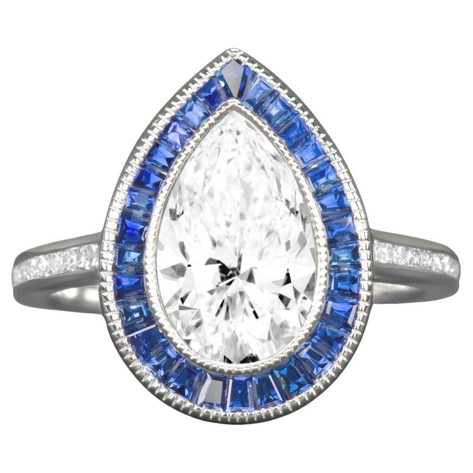 GIA-zertifizierter 1,50 Karat Blauer Saphir Halo-Ring mit Diamant im Birnenschliff
