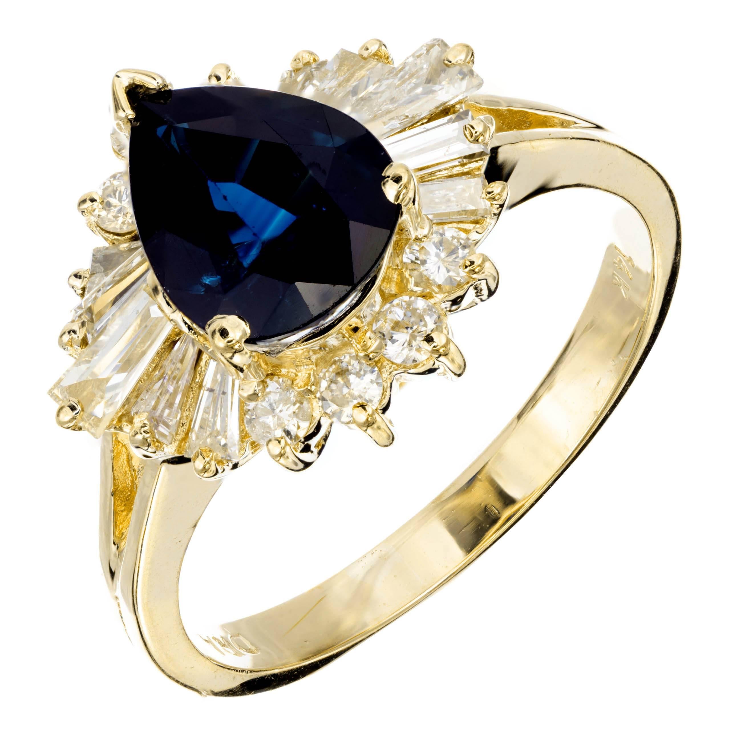 Princess style 1960’s pear shaped Sapphire and diamond engagement ring. Pear sapphire with round and baguette diamond halo. Deep blue color simple heat only. GIA Certified 

1 pear shaped dark blue Sapphire, approx. total weight 1.50cts, VS, 8.80 x