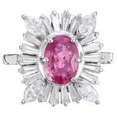 Retro GIA Certified 1.50 Carat Pink Sapphire Diamond Halo Gold Engagement Ring
