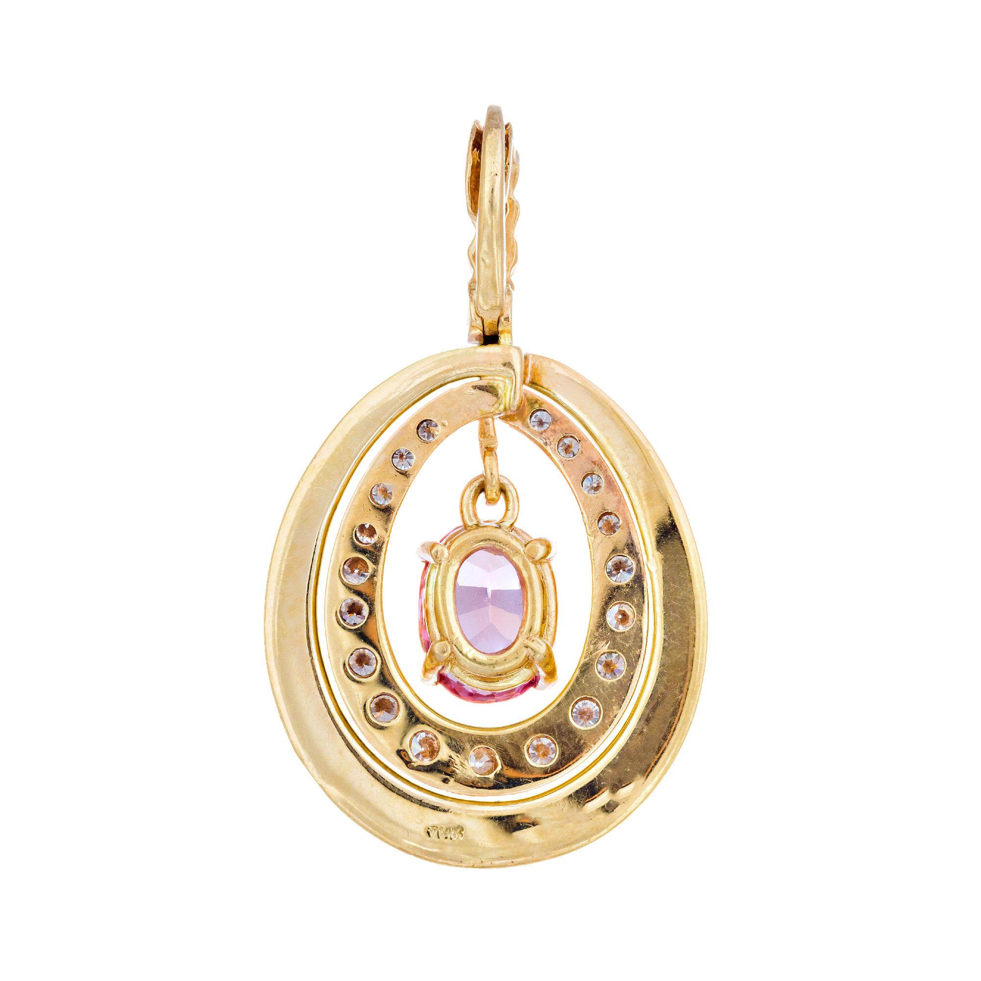 Oval Cut GIA Certified 1.50 Carat Pink Spinel Diamond Yellow Gold Pendant For Sale