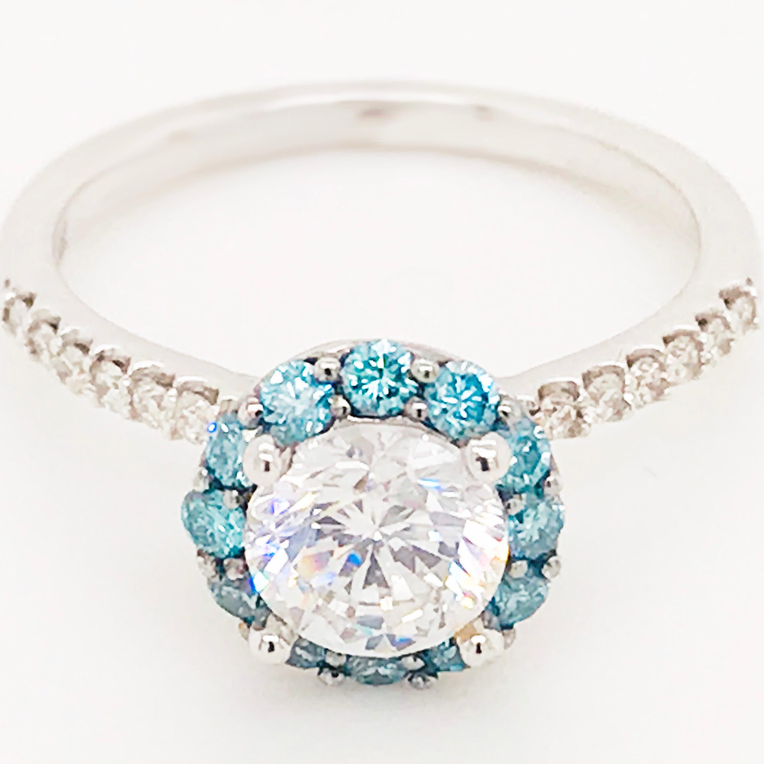 Modern GIA Certified 1.50 Carat Round Blue Diamond Halo Ring 14 Karat White Gold For Sale